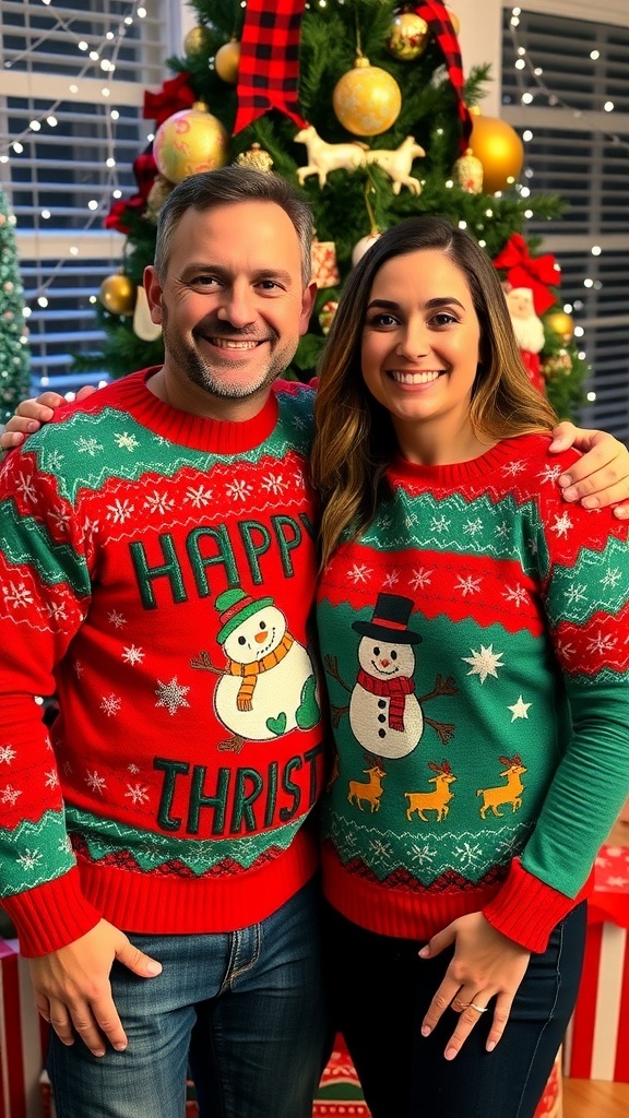 A couple in matching ugly Christmas sweaters smiling in front of a decorated tree.